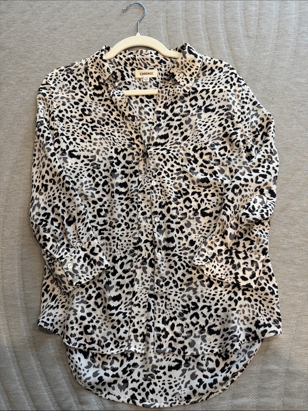 L'AGENCE Black and Cream Leopard Print Silk Button-Down Shirt